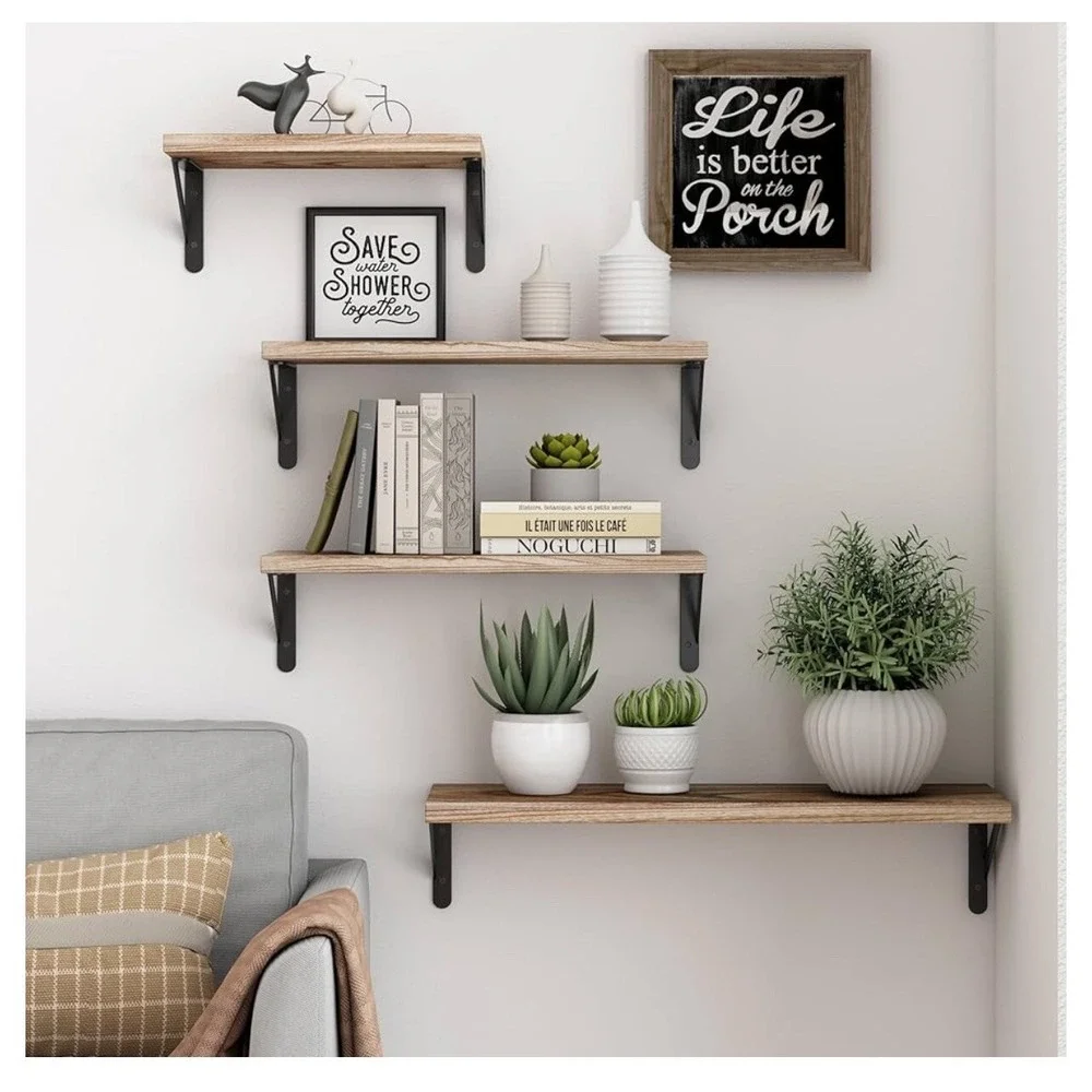 Amada Floating Shelves, Rustic Wood Shelves, 4 Sets of Wall Mounted Shelfs